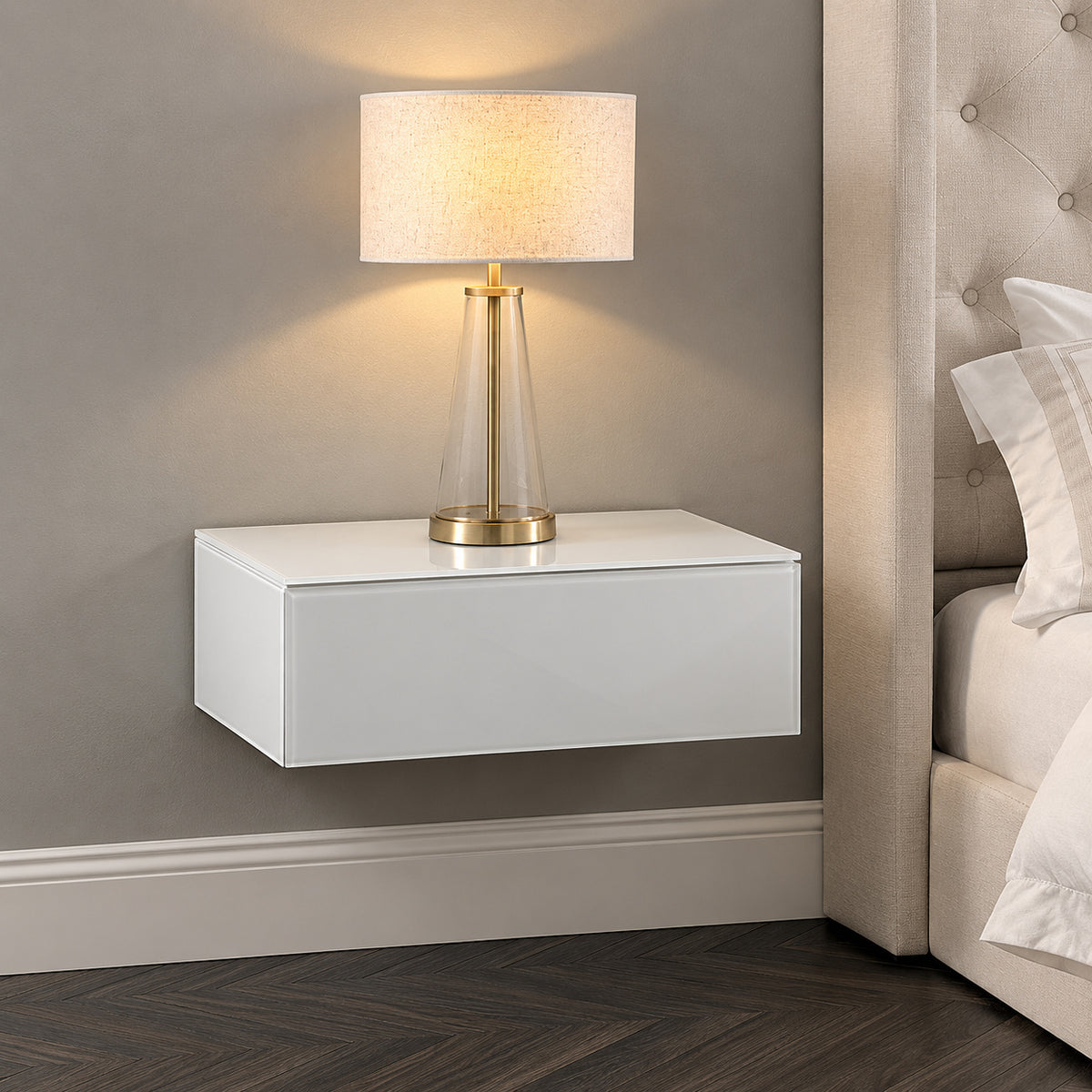 Inga White Glass Floating Bedside Table