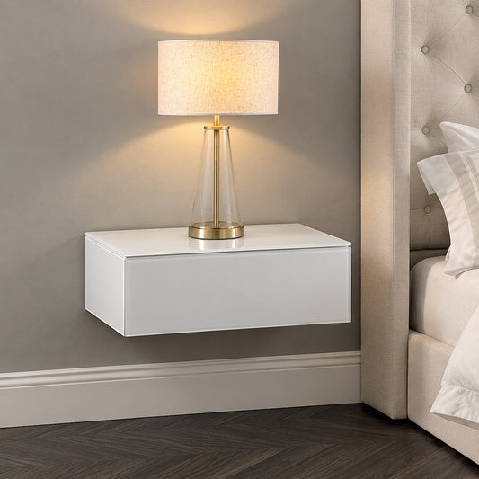 Inga White Glass Floating Bedside Table