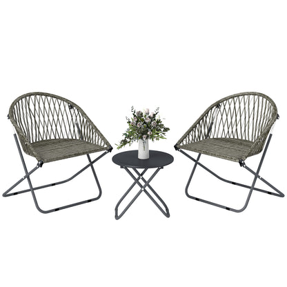Outdoor Bistro Set, Folding Table and Rattan Chairs for 2, Grey
