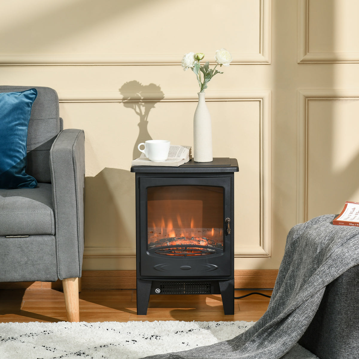 Freestanding Electric Fireplace Stove Heater W/ LED Flame Effect Black