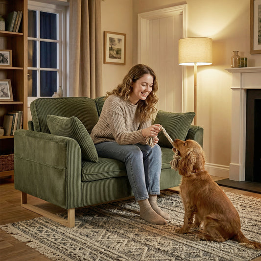 2 Seater Sofa, Corduroy Sofa w/ Spring Cushions 2 Pillows, Dark Green