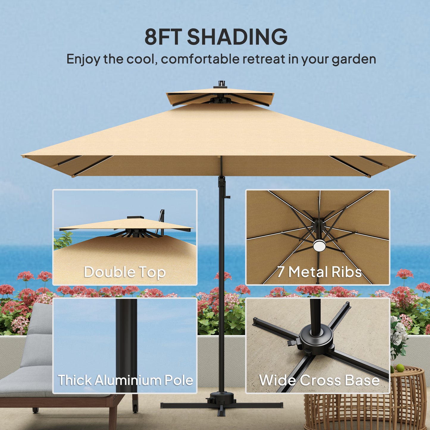 2.5m Cantilever Parasol, Garden Parasol with Lights, Khaki