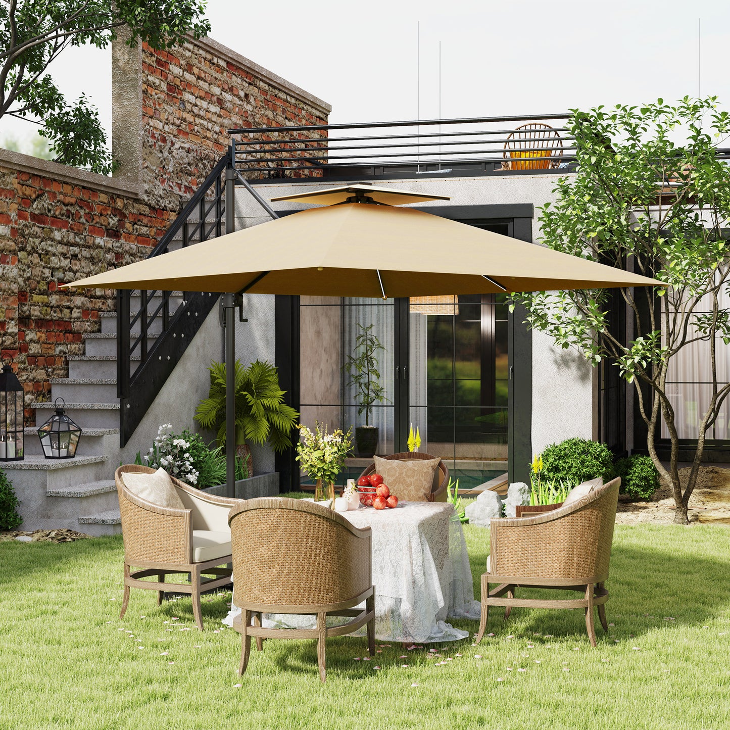 2.5m Cantilever Parasol, Garden Parasol with Lights, Khaki