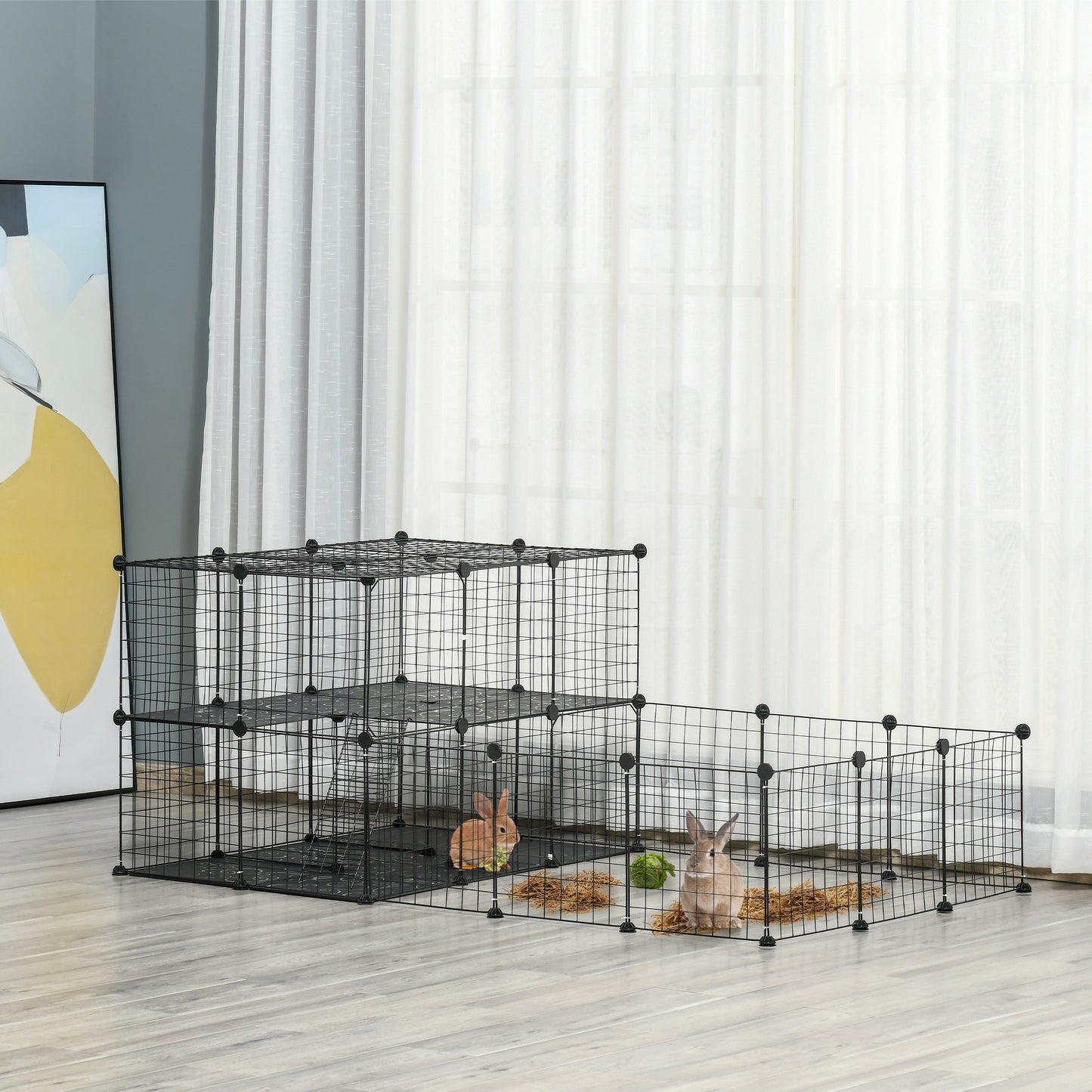 Pet Playpen with Door, Guinea Pigs Mesh Cage for Small Animal, Black