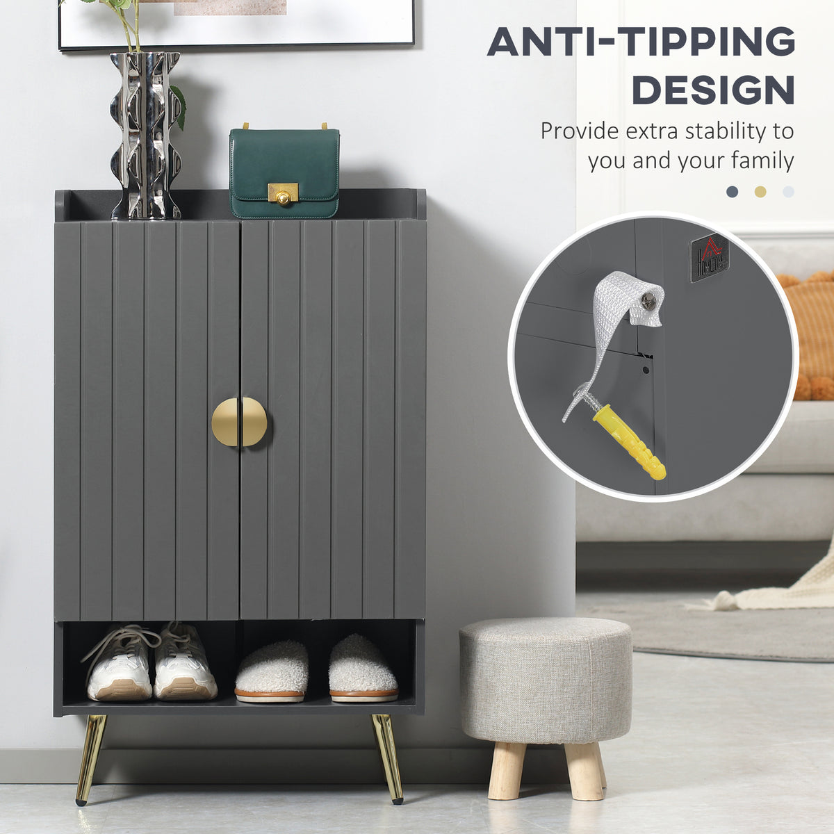 Shoe Storage Cabinet with Beadboard Doors for 15 Pairs of Shoes, Grey