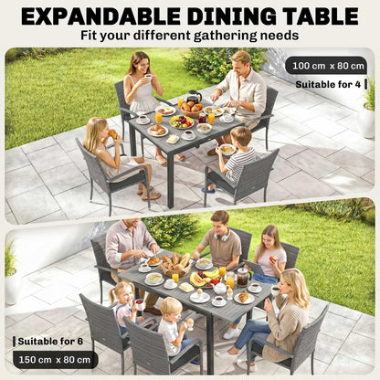 7 Piece Rattan Garden Furniture Set, 6 Seater Garden Table and 6 Stackable Chairs with Extendable Acacia Wood Tabletop, All-Weather Outdoor Furniture with Cushions for Patio, Light Grey