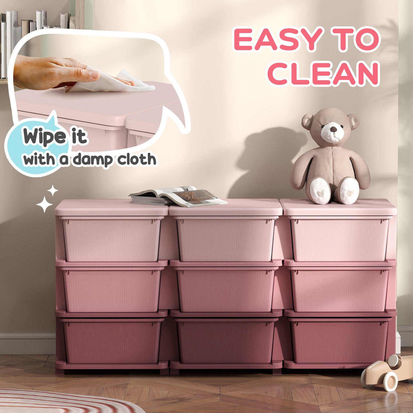Kids Storage Units with Drawers 3 Tier Chest Dresser Tower Pink