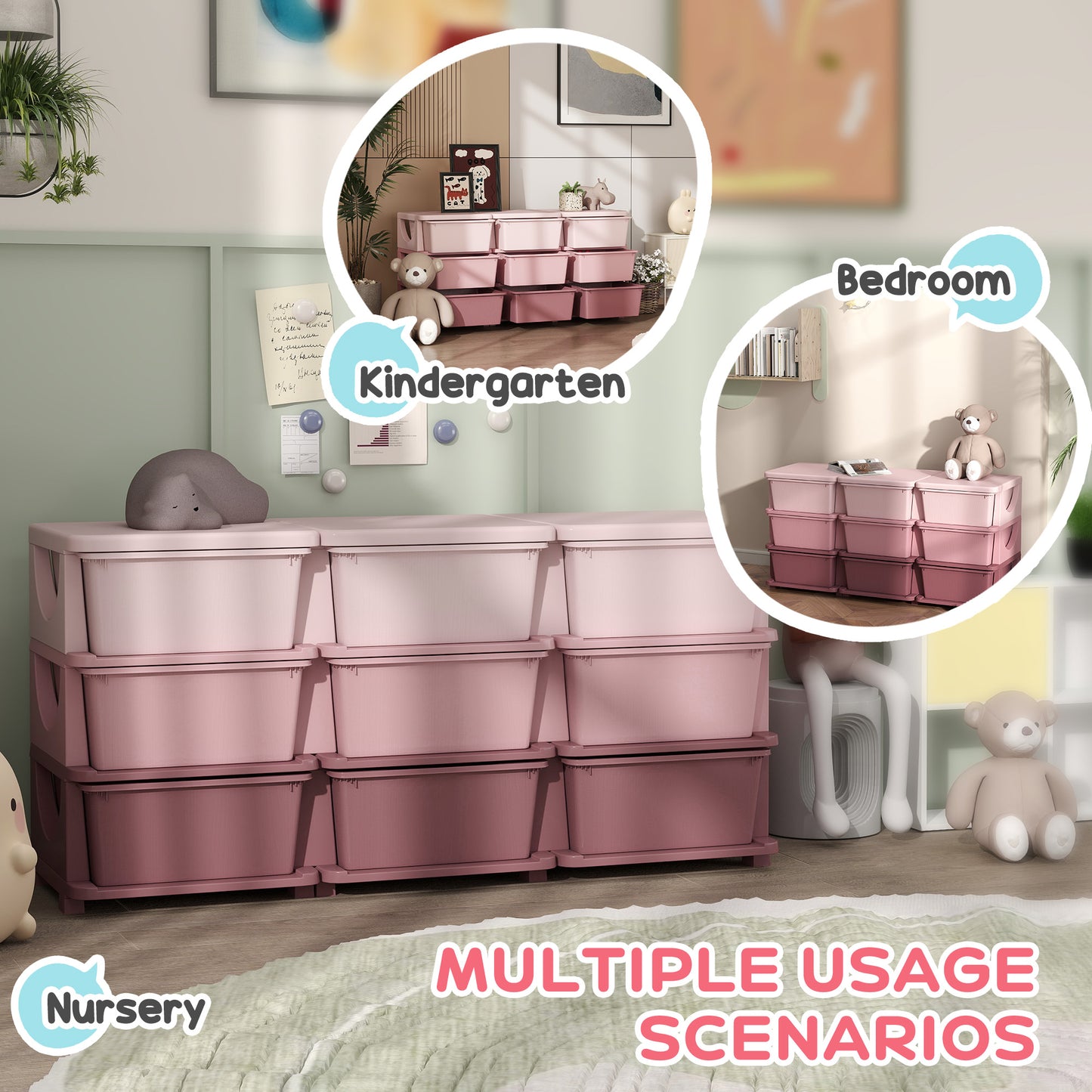 Kids Storage Units with Drawers 3 Tier Chest Dresser Tower Pink