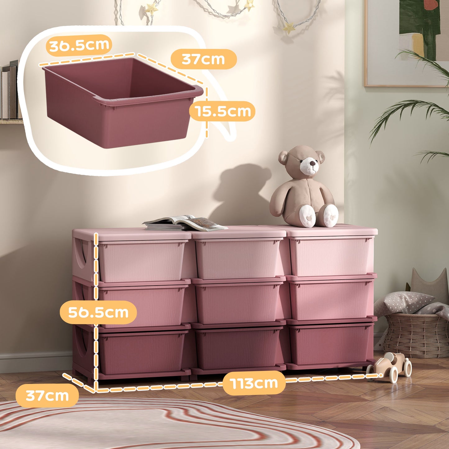 Kids Storage Units with Drawers 3 Tier Chest Dresser Tower Pink