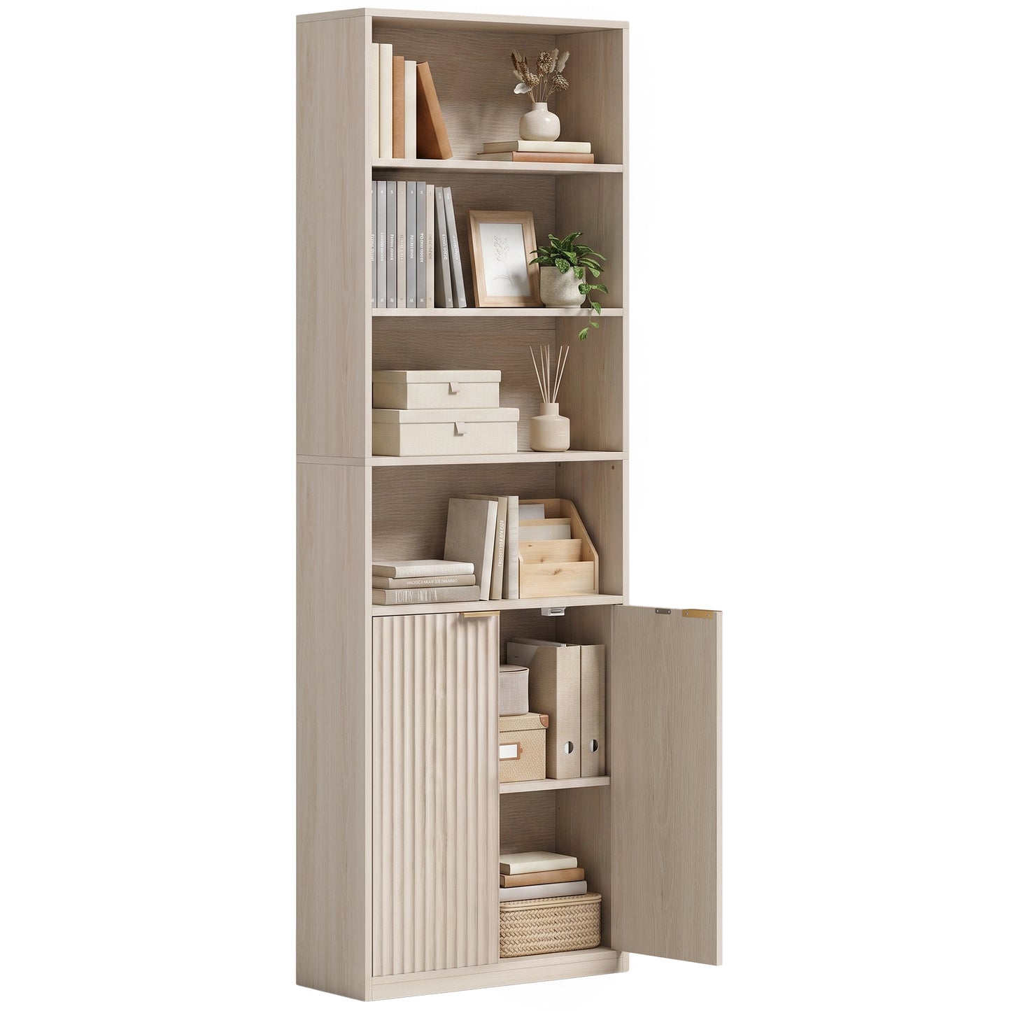 6-Tier Tall Bookcase with Adjustable Shelf Cabinet, Oak
