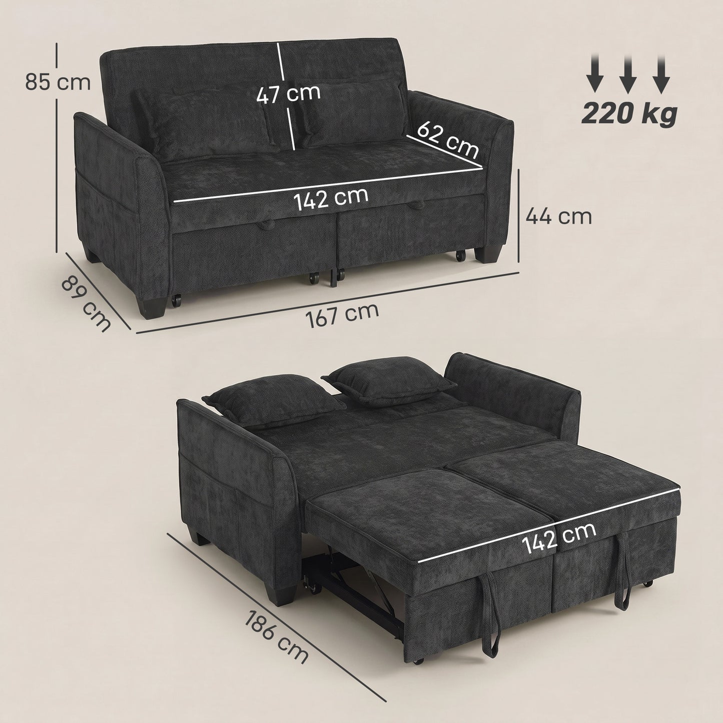 2 Seater Sofa Bed, 4-in-1 Convertible Pull Out Sleeper Sofa, Black
