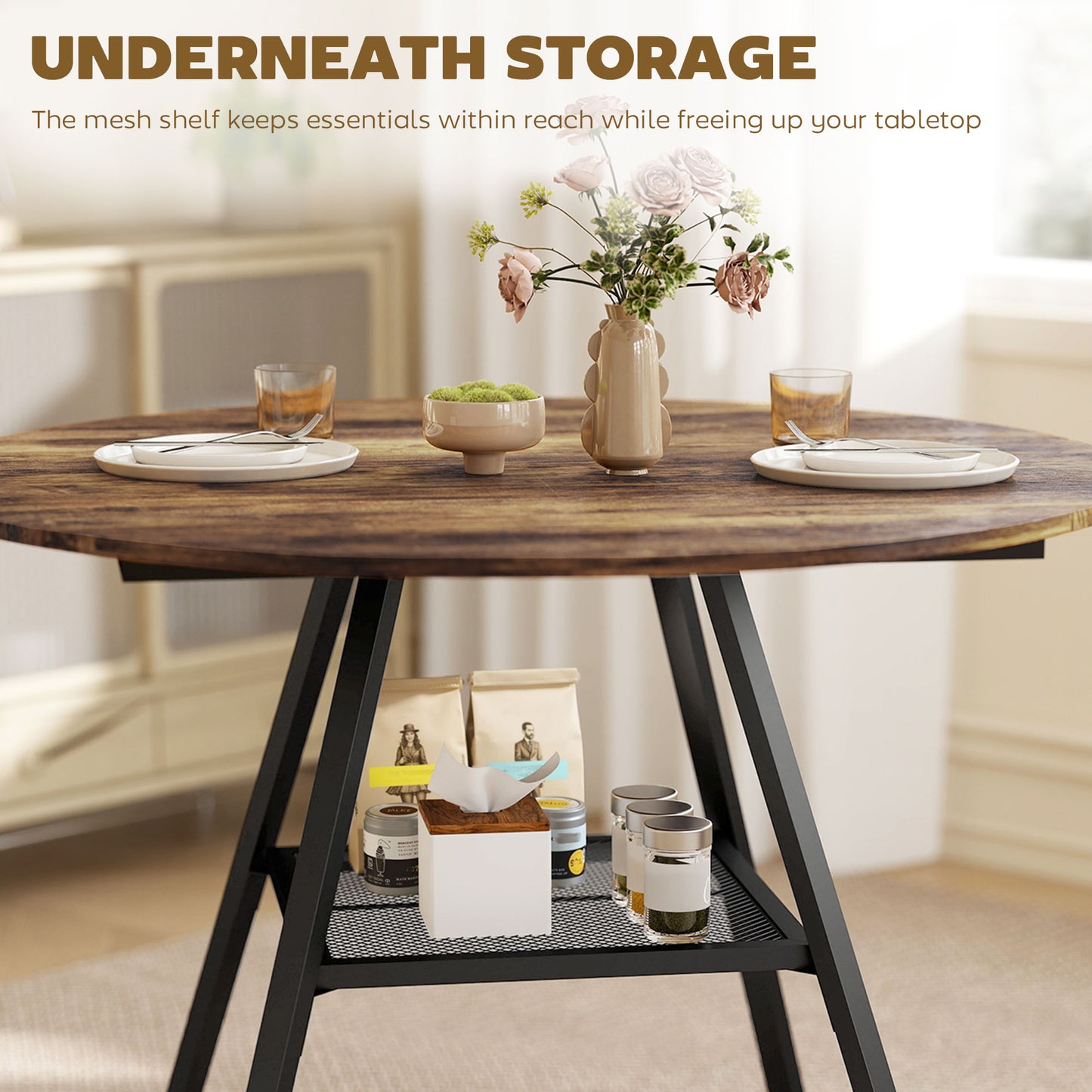 Round Dining Table for 4, 100 cm Kitchen Table w/ Shelf, Rustic Brown