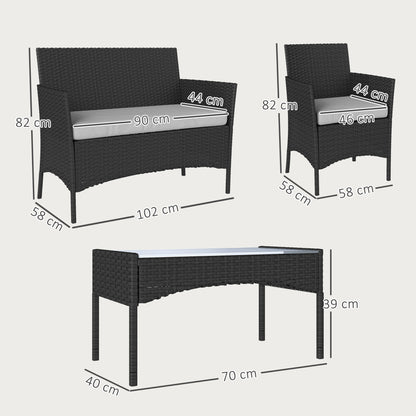 4 Piece Rattan Garden Furniture Sofa Set with Cushions, Black