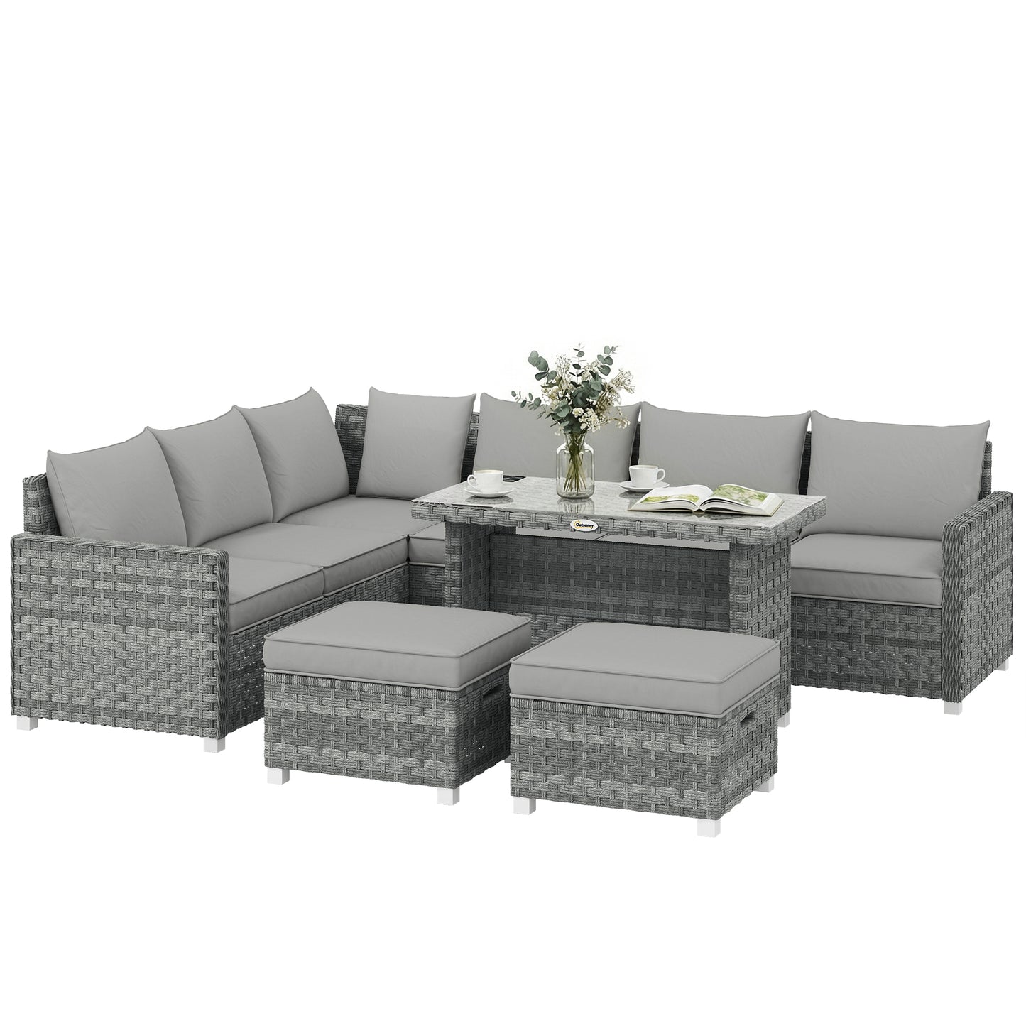 6 Seater Rattan Garden Furniture Set with 3 Sofas, 2 Footstools, Table, Patio Rattan Furniture Sofa Sets, Grey