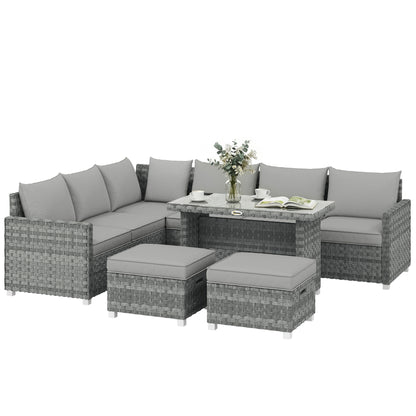 6 Seater Rattan Garden Furniture Set with 3 Sofas, 2 Footstools, Table, Patio Rattan Furniture Sofa Sets, Grey