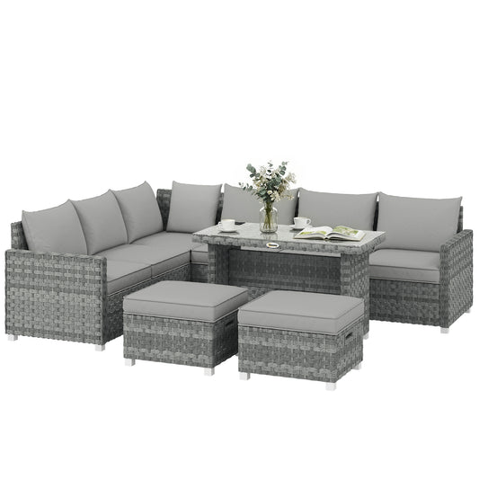 6 Seater Rattan Garden Furniture Set with 3 Sofas, 2 Footstools, Table, Patio Rattan Furniture Sofa Sets, Grey