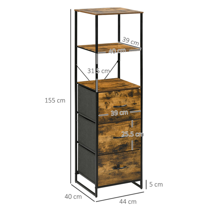 Industrial Tall Bookcase w/ 2 Open Shelves and 3 Foldable Fabric Drawers, Multifunctional Storage Cabinet in Living Room, Study, Rustic Brown