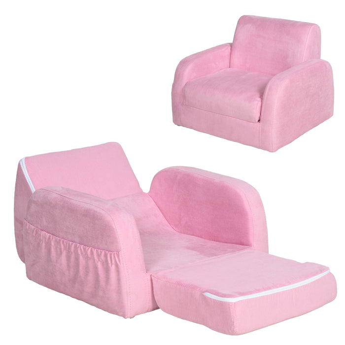 2 In 1 Kids Armchair Sofa Bed Fold Out Padded Wood Frame Bedroom, Pink