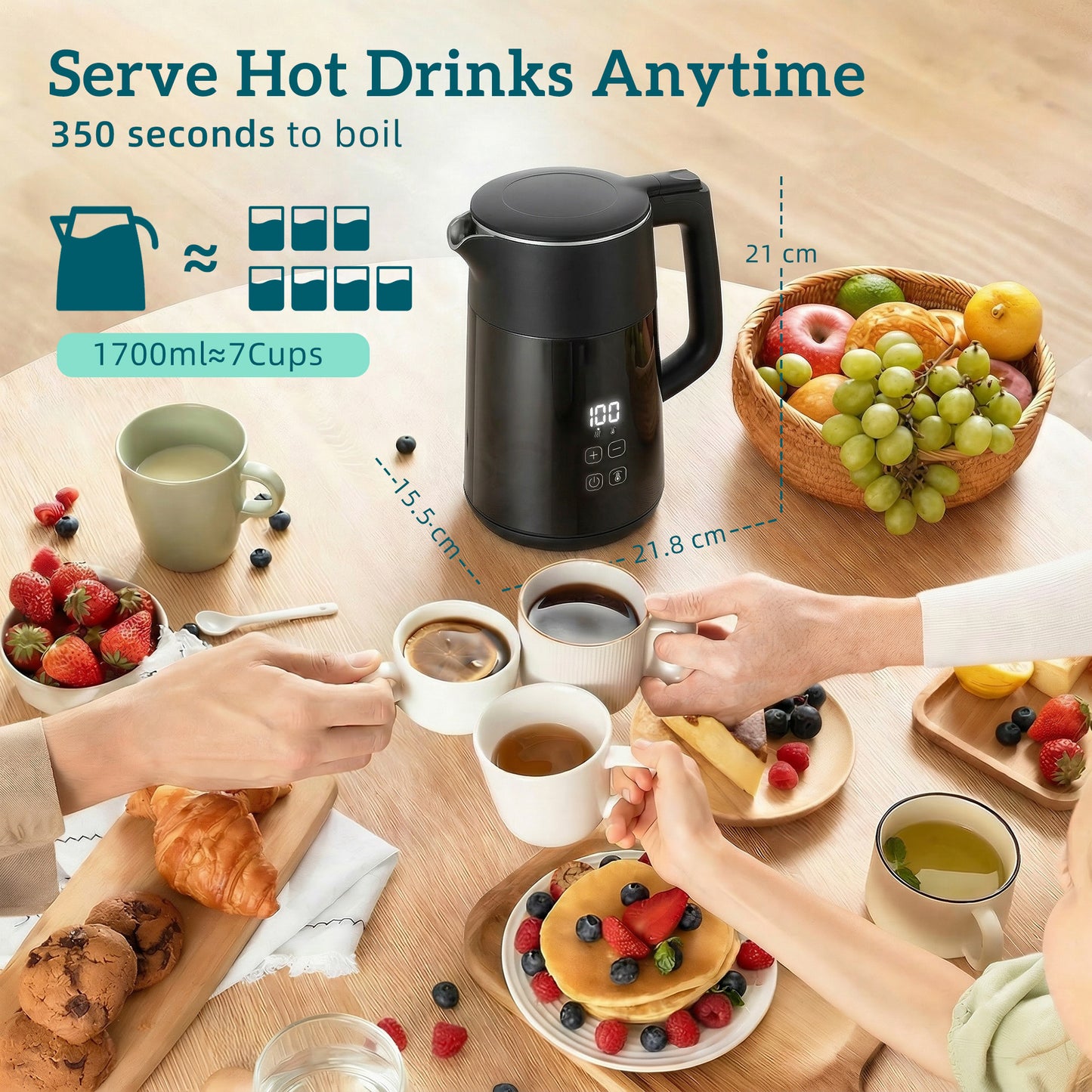 Electric Kettle, 1.7L Fast Boil 3kW Water Kettle with UK Strix Thermostat, LED Display, Keep Warm Function, Auto Shut-off and Boil-Dry Protection, Black