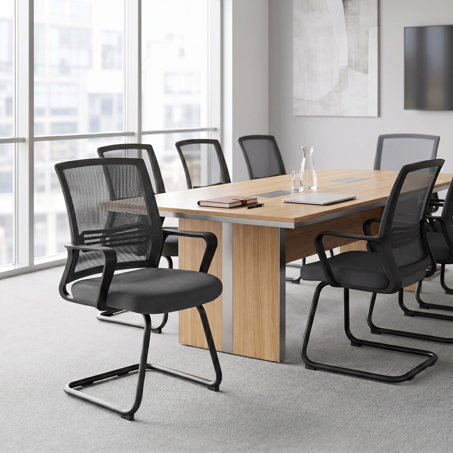 Padded Meeting Office Chair with Sled Base, No Wheels, Dark Grey