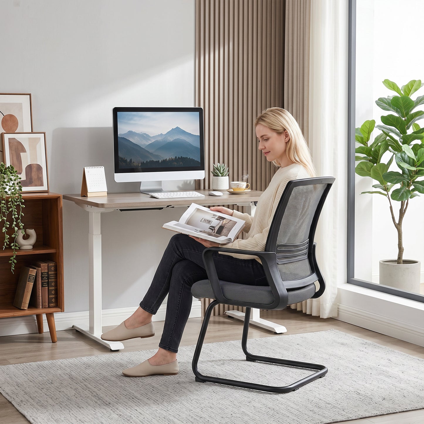 Padded Meeting Office Chair with Sled Base, No Wheels, Dark Grey