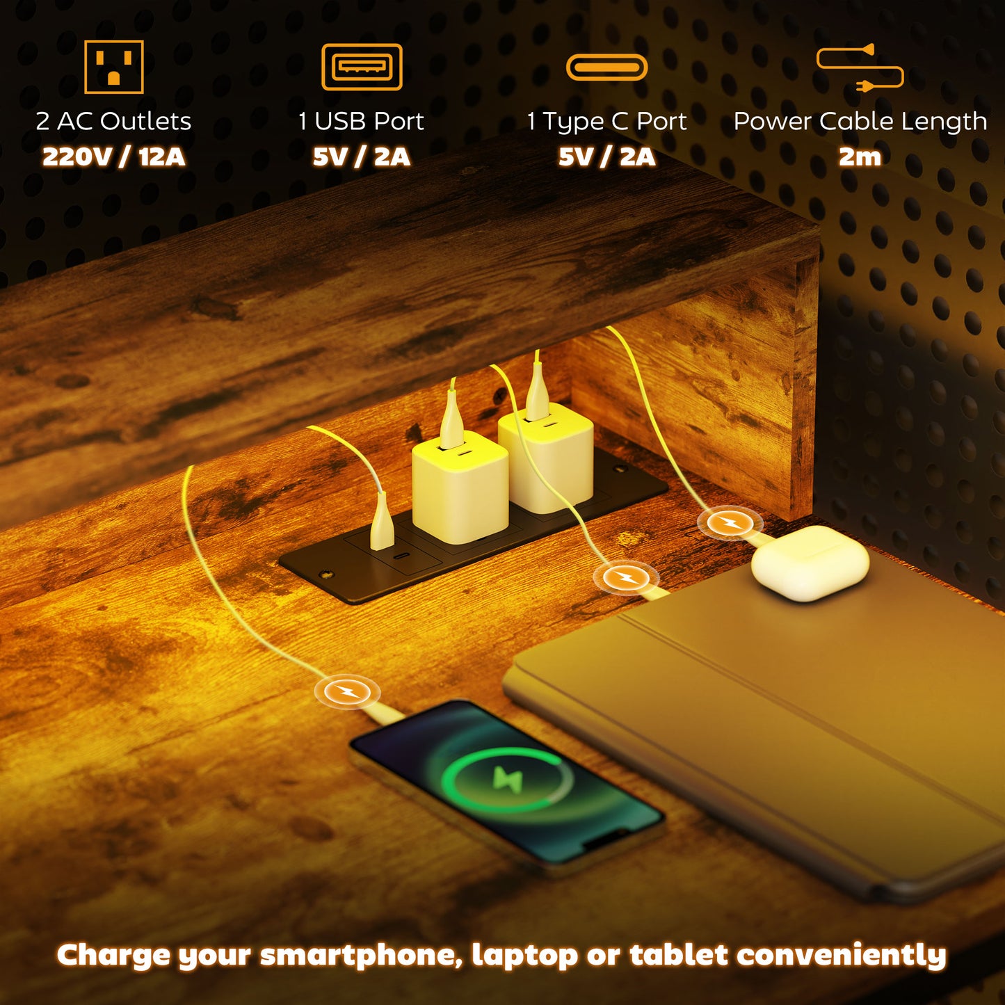 Computer Table with LED Lights, Gaming Desk with Shelf, Rustic Brown