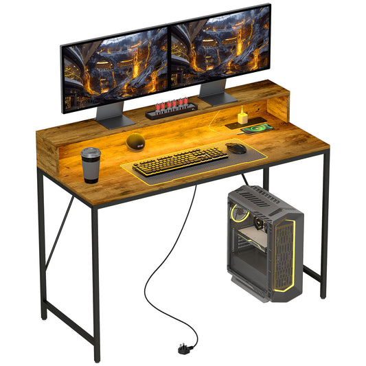 Computer Table with LED Lights, Gaming Desk with Shelf, Rustic Brown