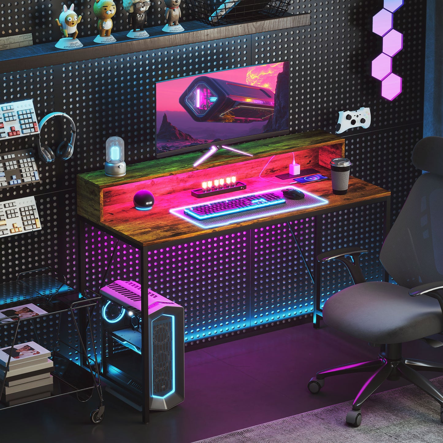 Computer Table with LED Lights, Gaming Desk with Shelf, Rustic Brown