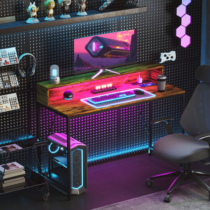 Computer Table with LED Lights, Gaming Desk with Shelf, Rustic Brown
