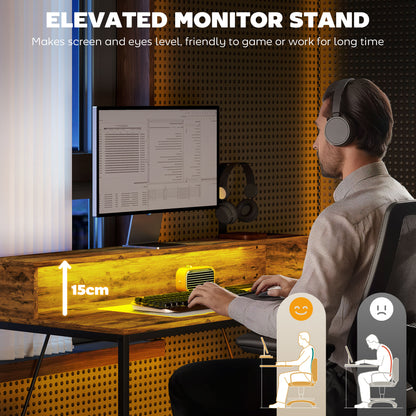 Computer Table with LED Lights, Gaming Desk with Shelf, Rustic Brown