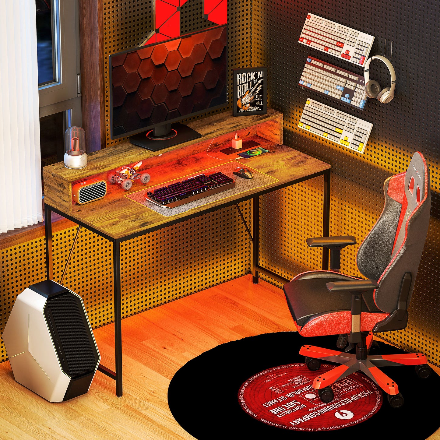 Computer Table with LED Lights, Gaming Desk with Shelf, Rustic Brown