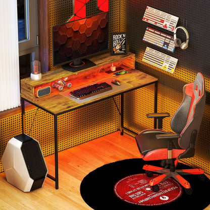 Computer Table with LED Lights, Gaming Desk with Shelf, Rustic Brown
