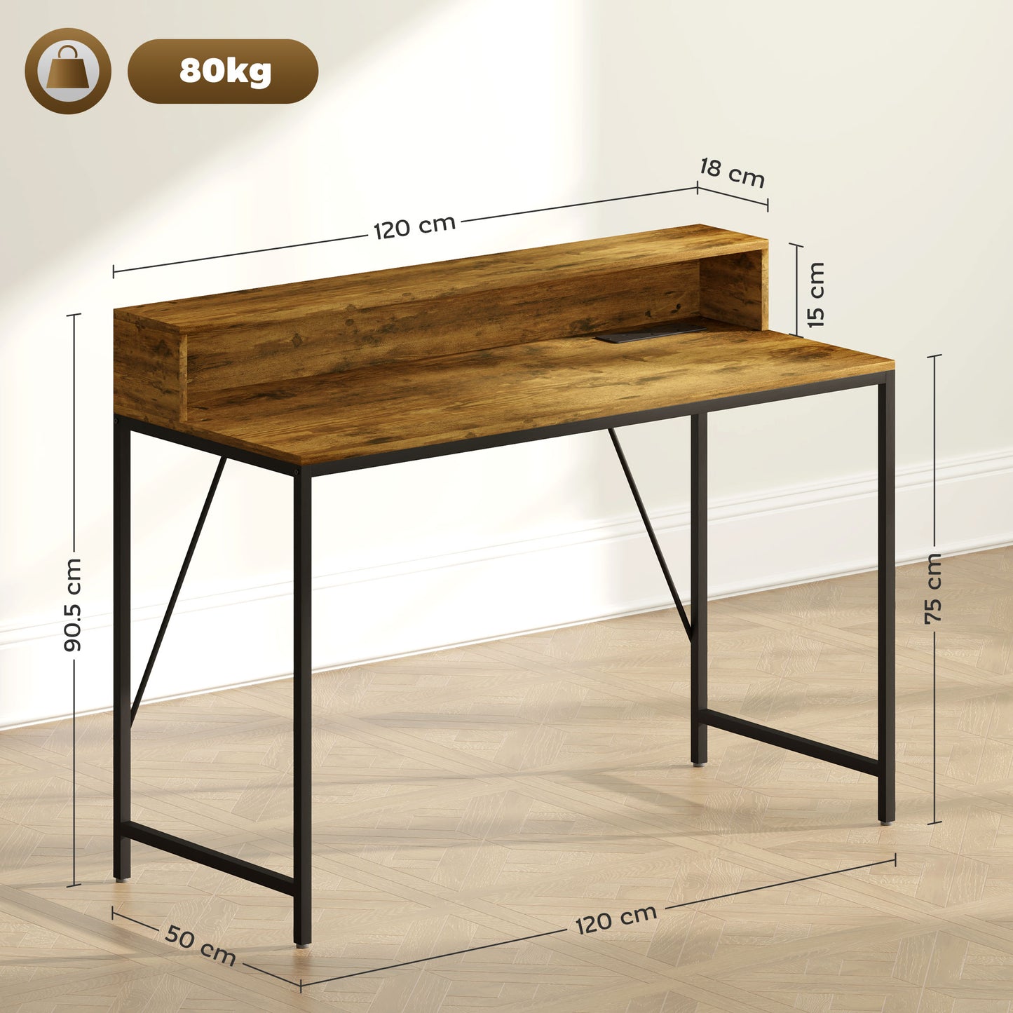 Computer Table with LED Lights, Gaming Desk with Shelf, Rustic Brown