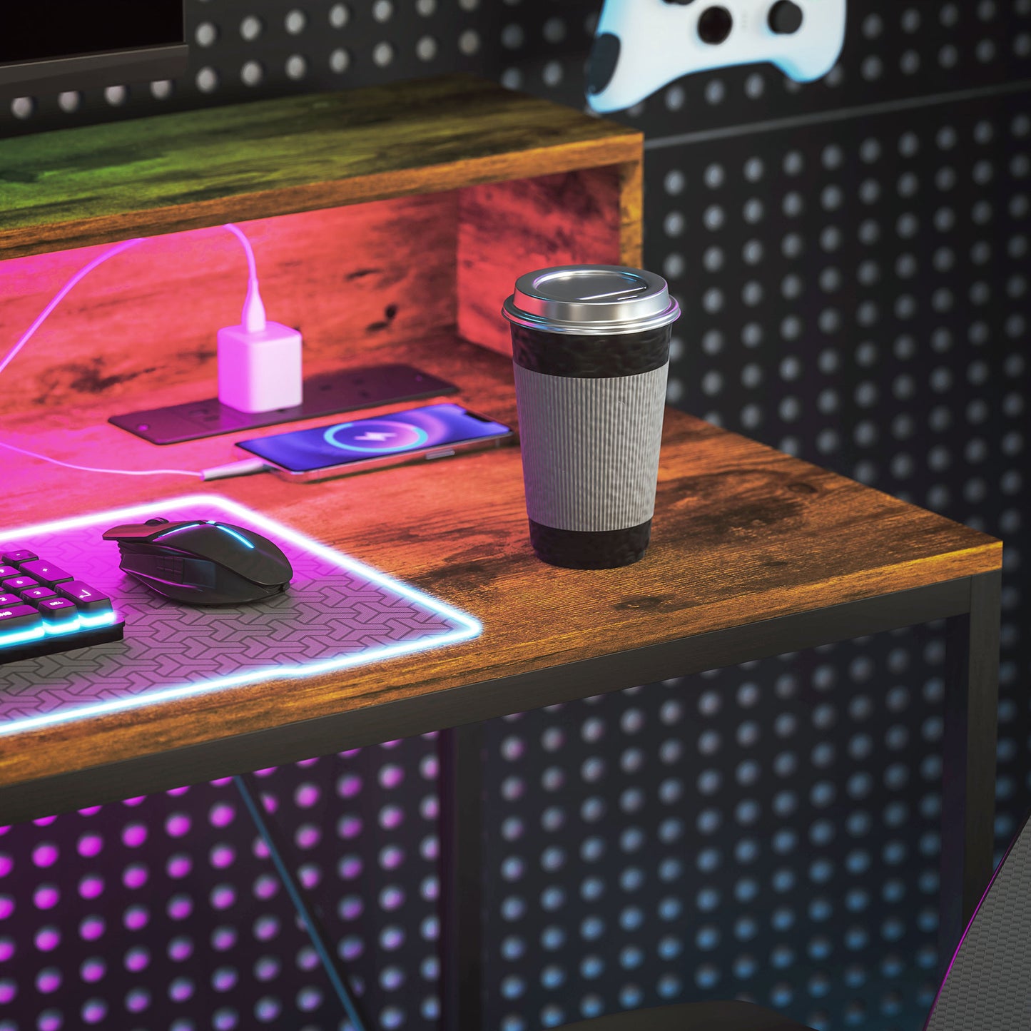 Computer Table with LED Lights, Gaming Desk with Shelf, Rustic Brown