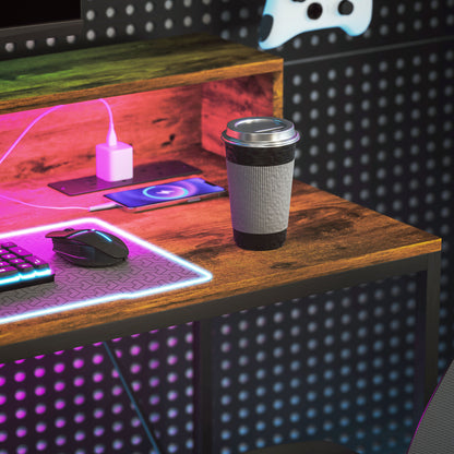 Computer Table with LED Lights, Gaming Desk with Shelf, Rustic Brown