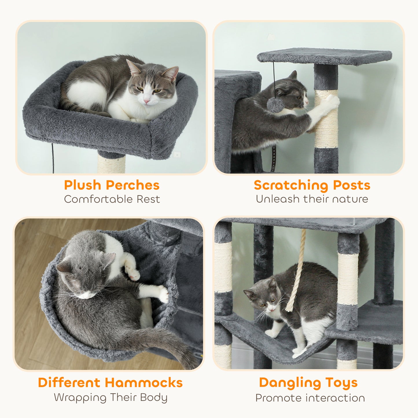 Cat Tree, 202cm Cat Tower with 2 Condos, 2 Hammocks, 2 Perches