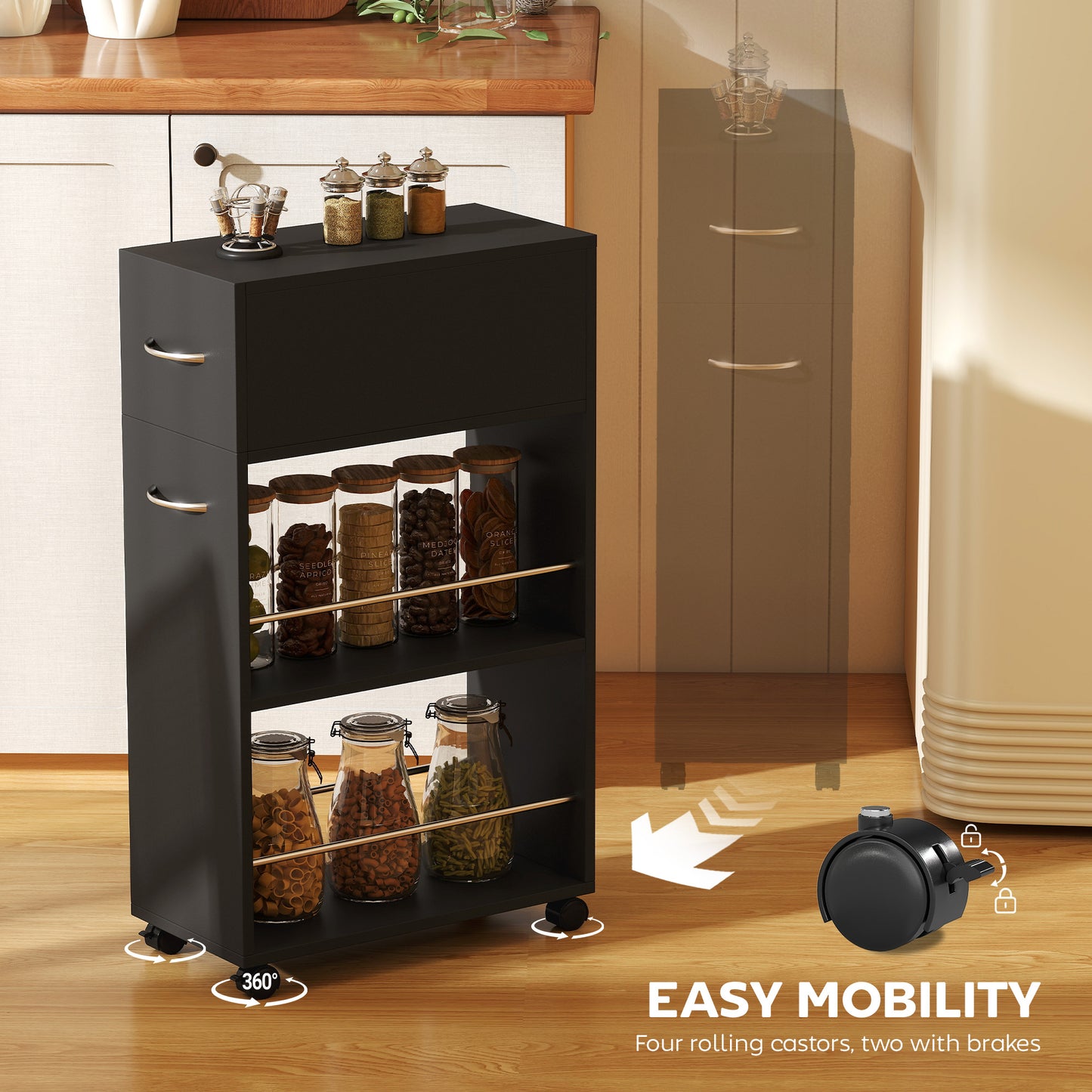 Rolling Storage Unit with Drawer Surface Top and 4 Wheels, Black