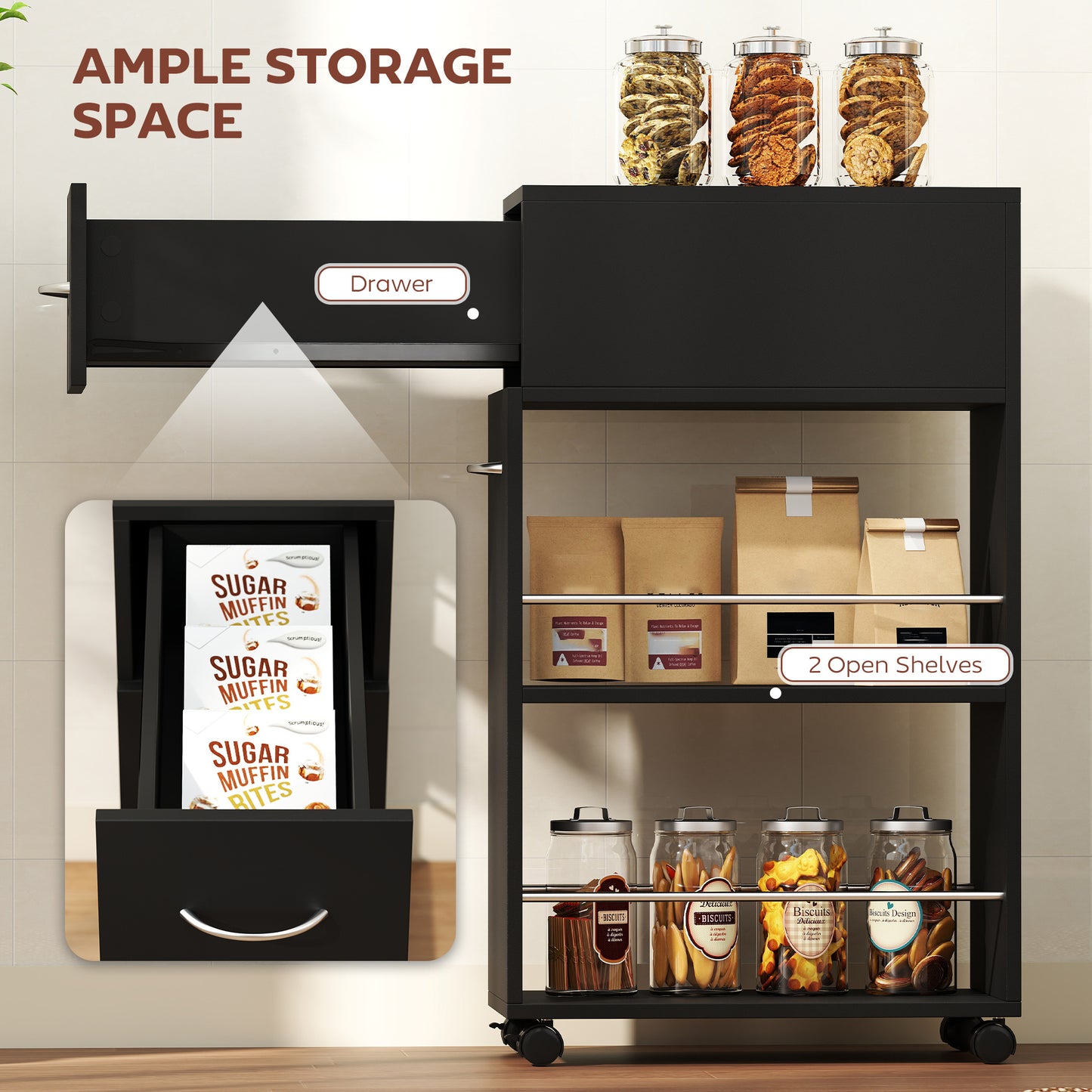 Rolling Storage Unit with Drawer Surface Top and 4 Wheels, Black