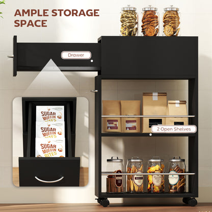 Rolling Storage Unit with Drawer Surface Top and 4 Wheels, Black