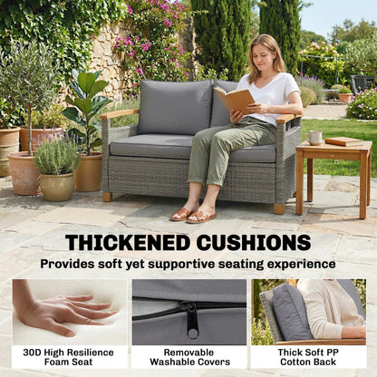 2 Seater Rattan Garden Sofa with Acacia Wood Armrests, Dark Grey