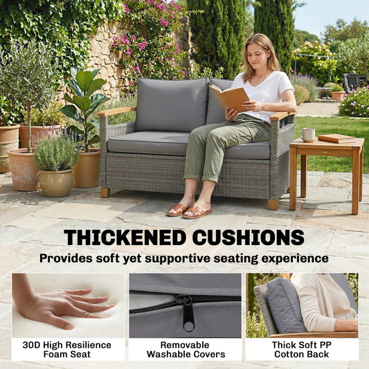 2 Seater Rattan Garden Sofa with Acacia Wood Armrests, Dark Grey