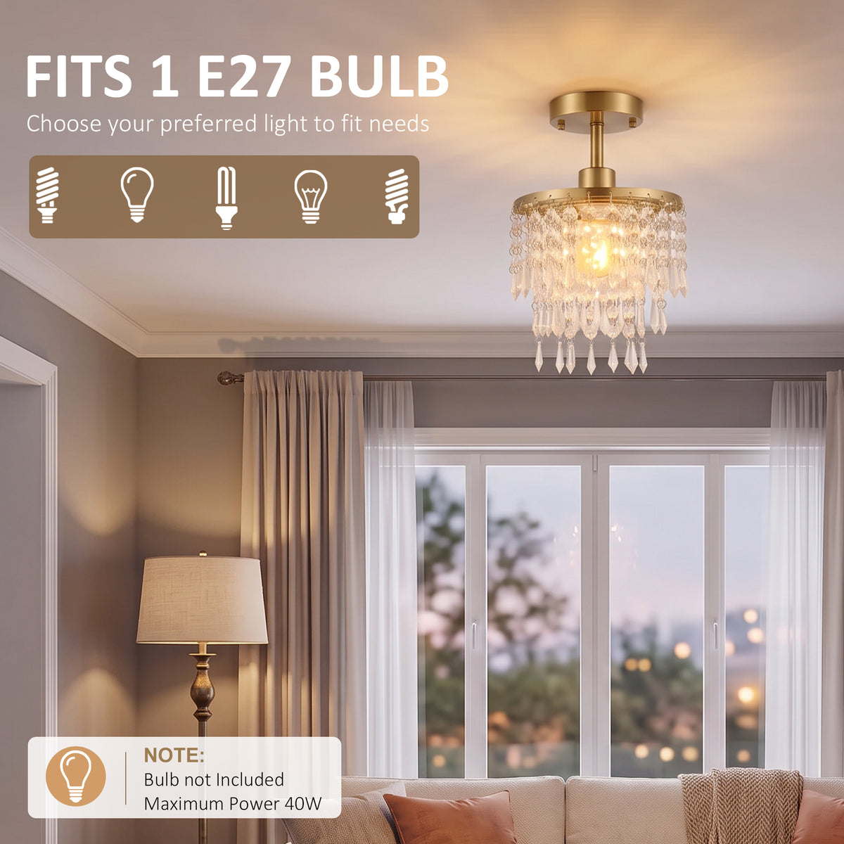 Crystal Ceiling Light with 57 Crystal Strands, Gold Tone
