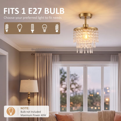 Crystal Ceiling Light with 57 Crystal Strands, Gold Tone