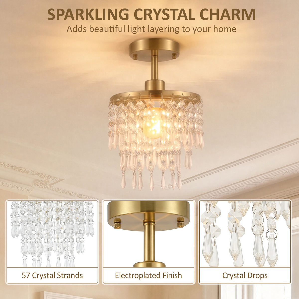Crystal Ceiling Light with 57 Crystal Strands, Gold Tone