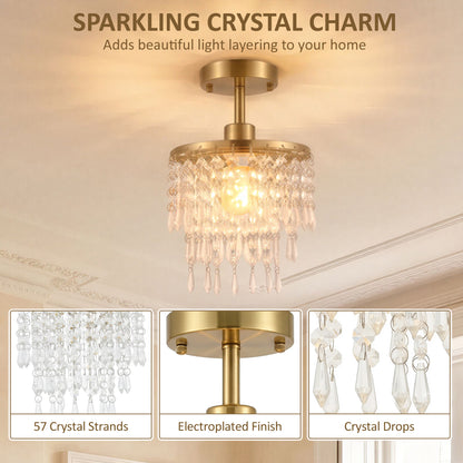 Crystal Ceiling Light with 57 Crystal Strands, Gold Tone