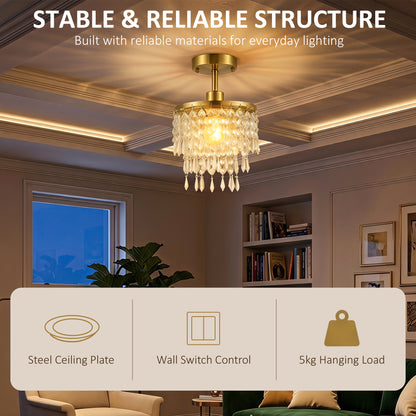 Crystal Ceiling Light with 57 Crystal Strands, Gold Tone