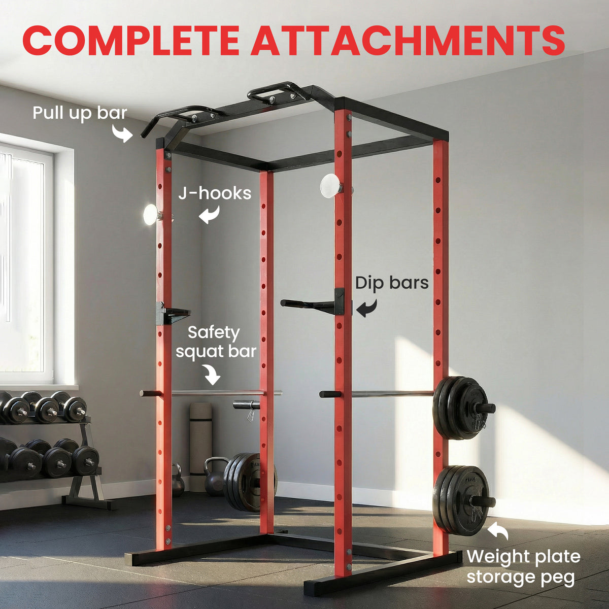 Adjustable Power Rack with Pull-Up Bar, Dip Station and J-Hooks - Red & Black