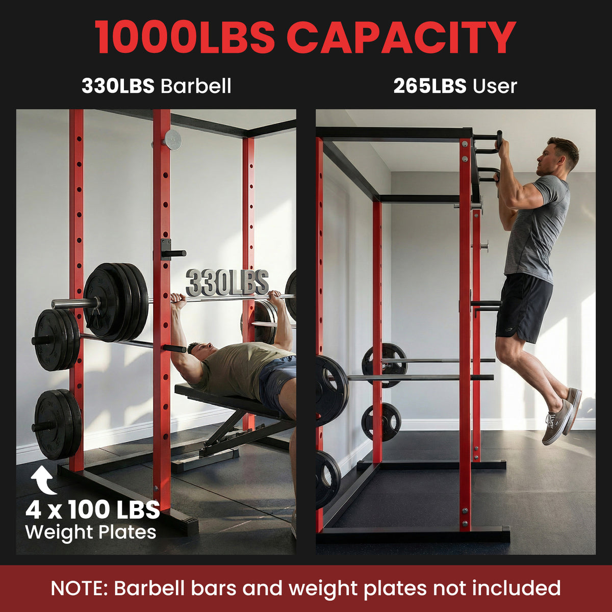 Adjustable Power Rack with Pull-Up Bar, Dip Station and J-Hooks - Red & Black