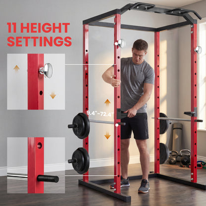 Adjustable Power Rack with Pull-Up Bar, Dip Station and J-Hooks - Red & Black
