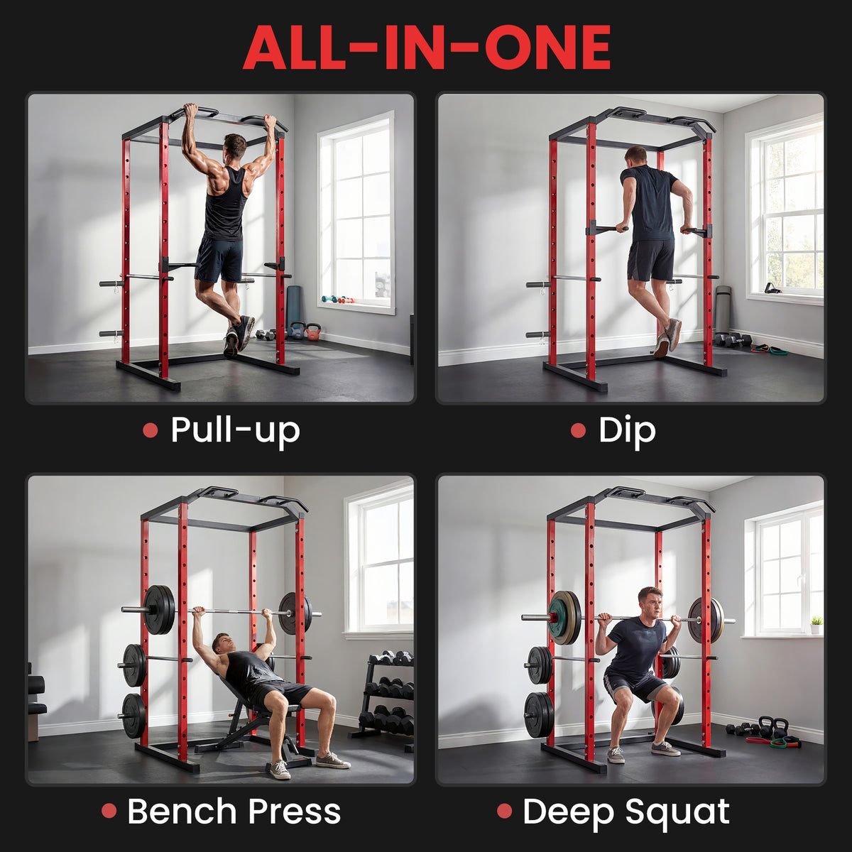 Adjustable Power Rack with Pull-Up Bar, Dip Station and J-Hooks - Red & Black